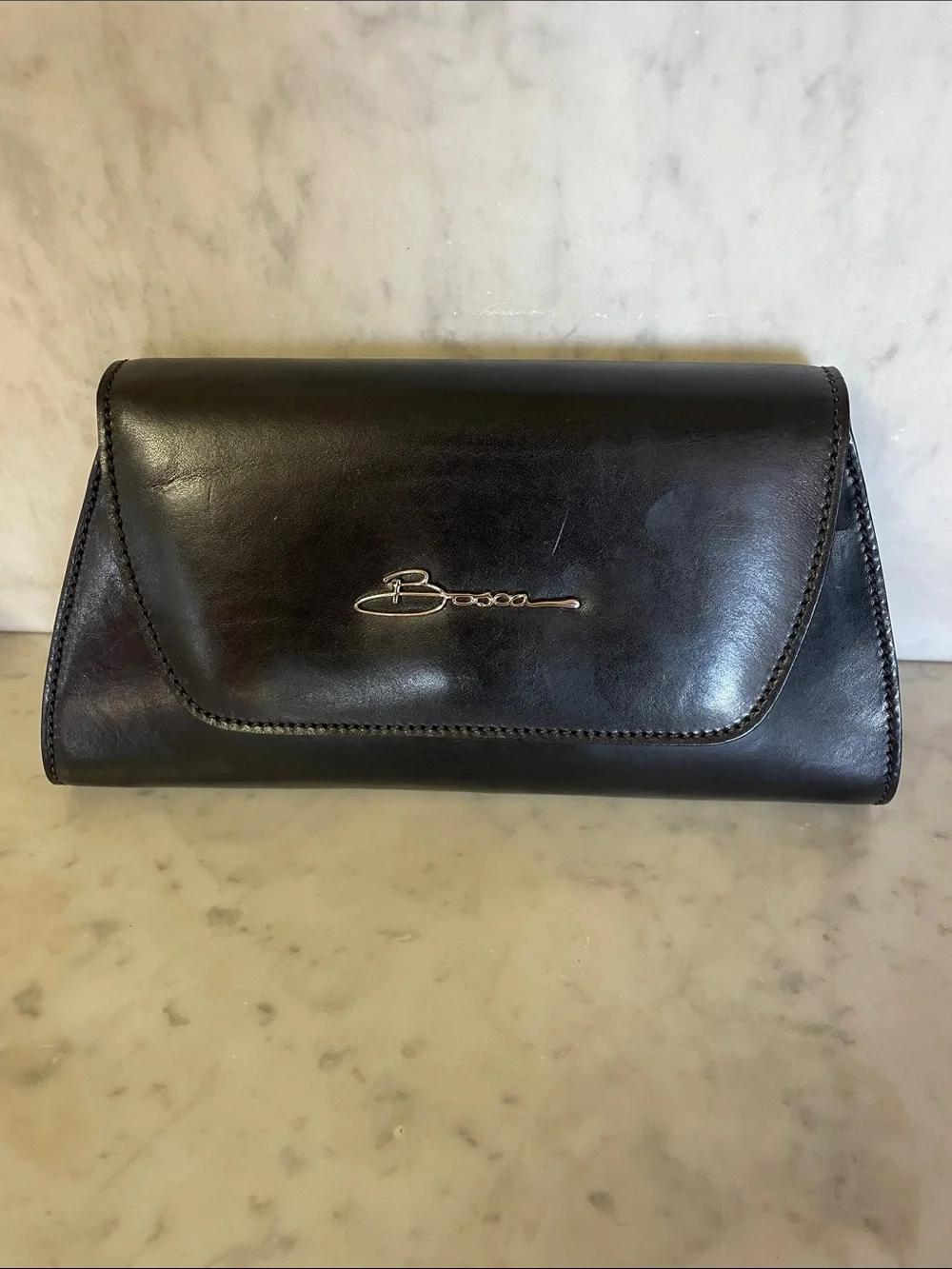 BOSCA Black Leather Italian Clutch with Silver Tone Logo Vintage